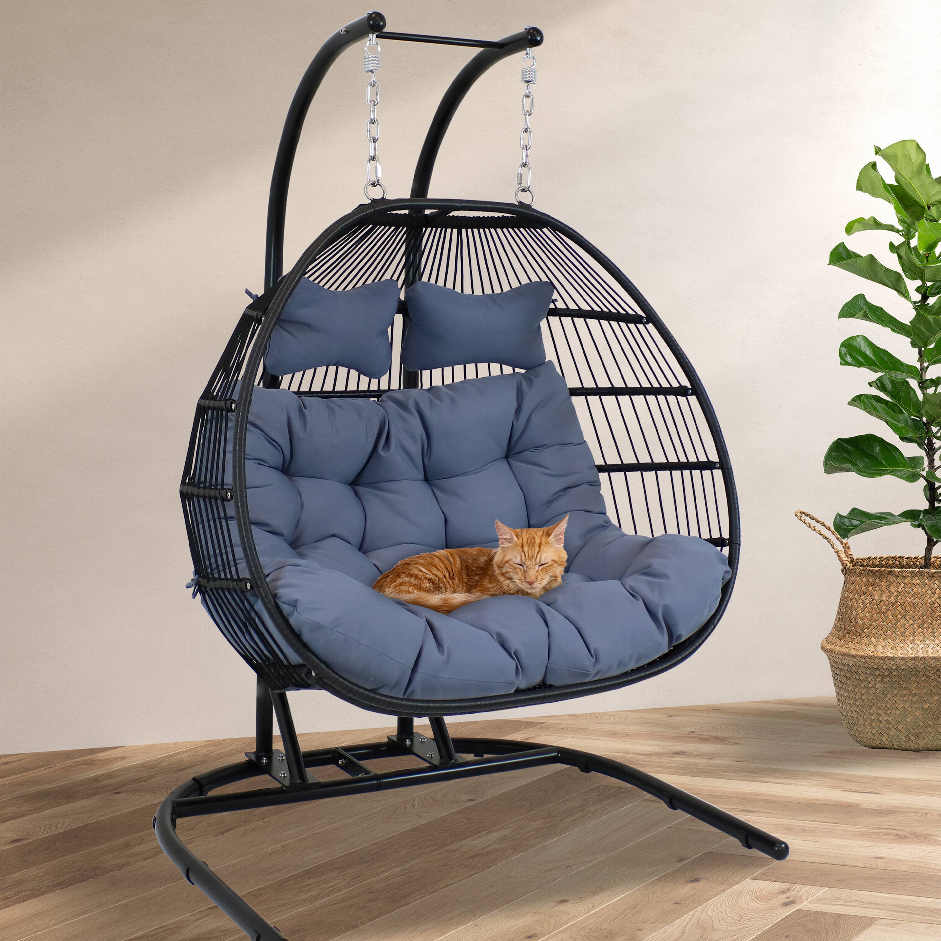 Alt View 7. Sunnydaze - Black Resin Wicker Loveseat Hanging Egg Chair with Cushion - Grey.