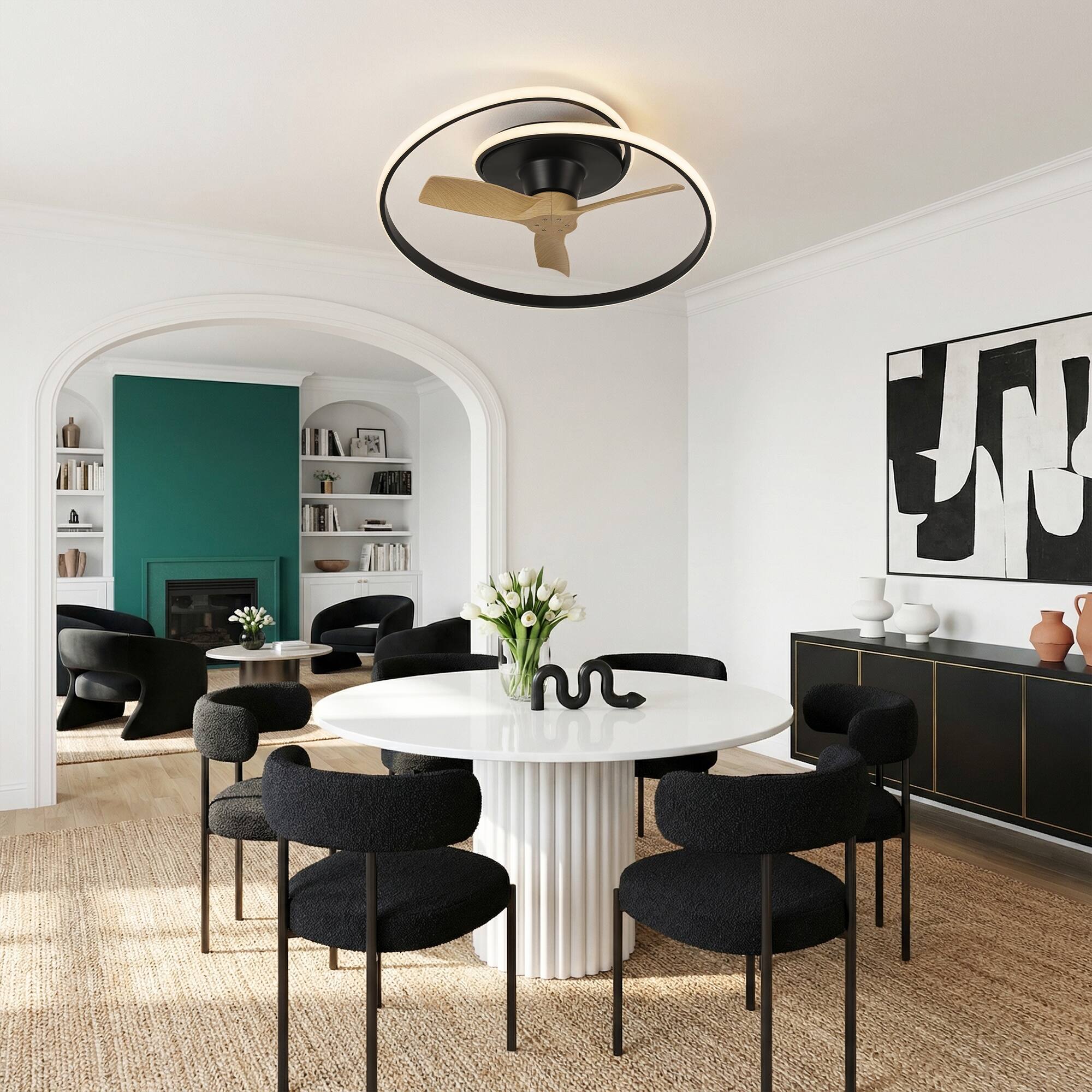 Angle. Vaczon - 30" Modern LED Flush Mount Ceiling Fan with Light and Remote Control, Low-Profile Caged Ceiling Fan for Bedroom - Black.