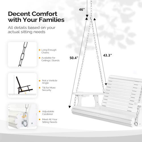 Decent Comfort with Your Families  
46"  
All details based on your actual sitting needs  
Long Enough Chains Available for Ceilings | Stands  
50.4" 43.3"  
Not a Vertical Angle Tilt for More Security  
Adjustable Carabiner  
Meet All Your Sitting Needs
