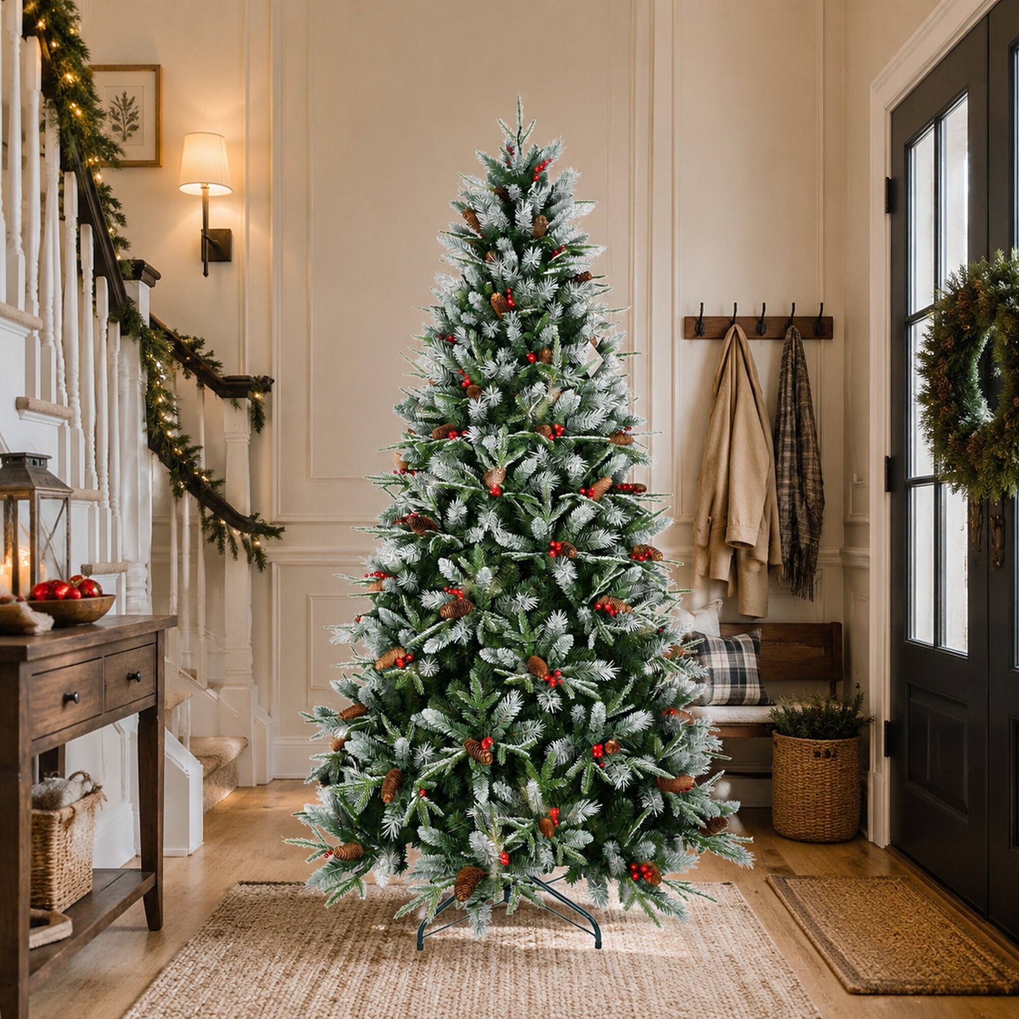Alt View 1. RYHNUYNE - 9FT Christmas Tree With Red Berries Pine Cones, 3750 Snow-Dusted PE+PVC Branches Hinged Design Sturdy Metal Stand - Green,White.