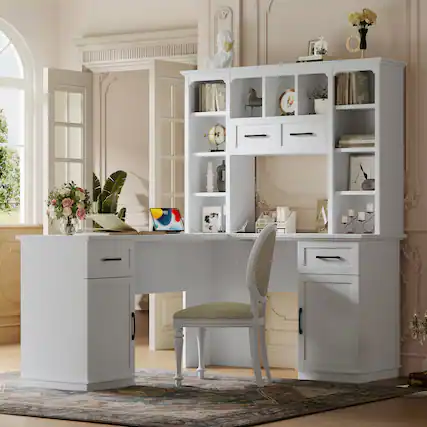 Front. GOODSILO - L-Shaped Computer Desk with Cabinets, Drawers & Shelves, Electrical Outlet for Study, Living Room & Office - White.