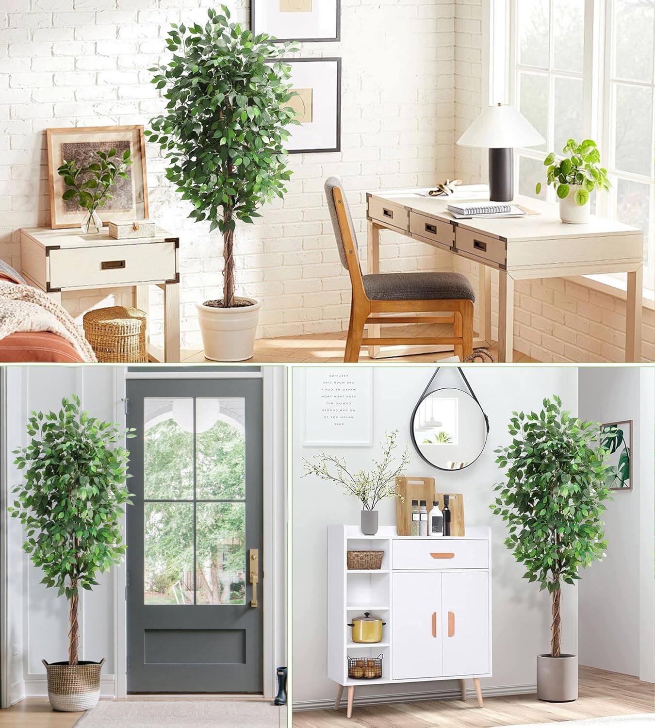 Alt View 3. Homhougo - 6FT Faux Ficus Tree Set of 2, Tall Artificial Greenery with 1008 Leaves for Indoor Outdoor Home Office Use - Green.