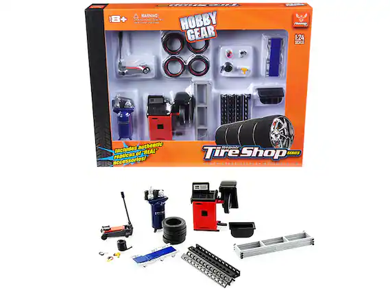 **WARNING:** CHOKING HAZARD - Small parts. Not for children under 3 years.
**Hobby Gear**
**Tire Shop Series**
**1:24 Scale**
Includes authentic replicas of REAL accessories!
**Hobby Garage Display Accessories**
