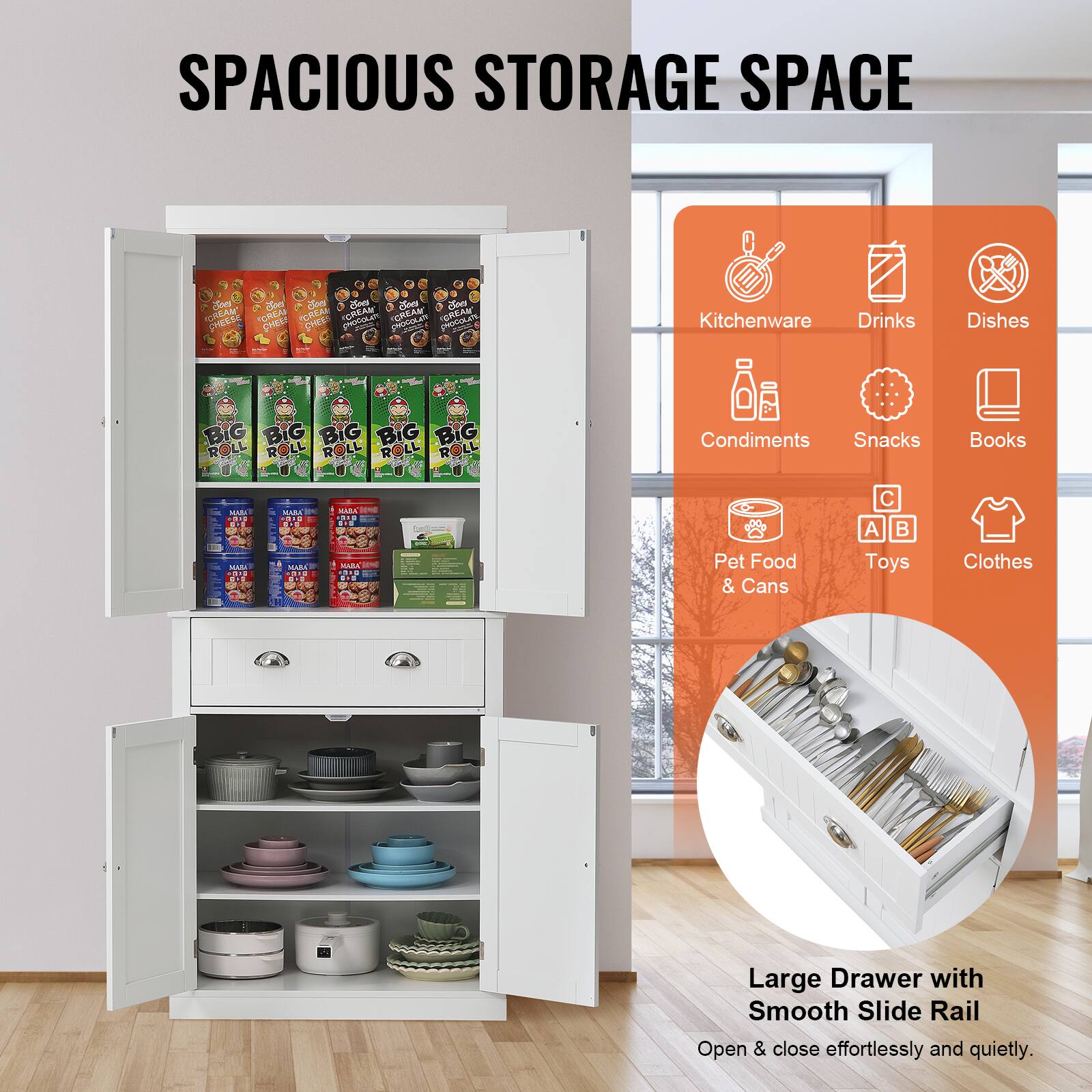 SPACIOUS STORAGE SPACE

- Kitchenware
- Drinks
- Dishes
- Condiments
- Snacks
- Books
- Pet Food & Cans
- Toys
- Clothes

Large Drawer with Smooth Slide Rail
Open & close effortlessly and quietly.