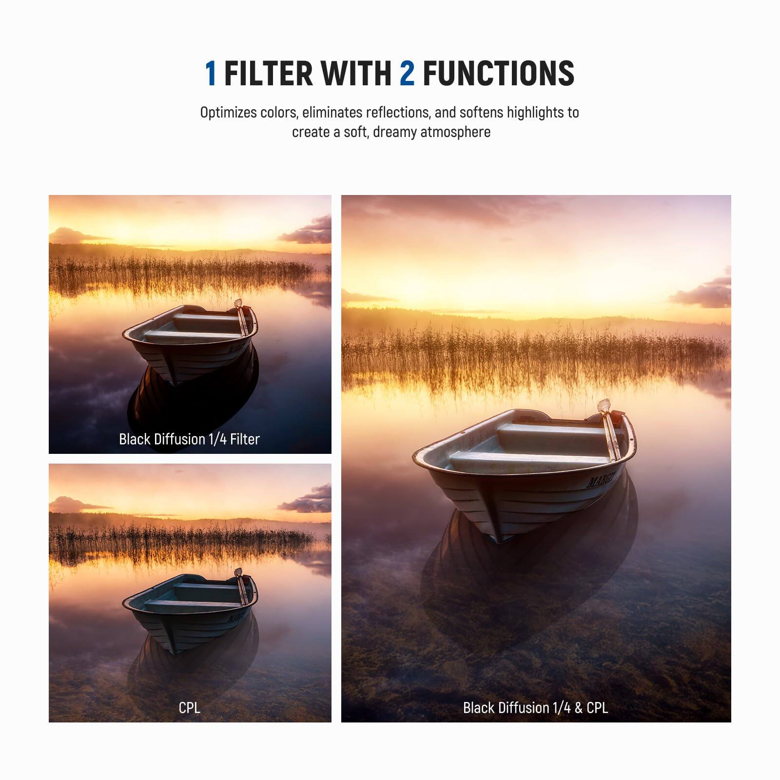 1 FILTER WITH 2 FUNCTIONS  
Optimizes colors, eliminates reflections, and softens highlights to create a soft, dreamy atmosphere  

Black Diffusion 1/4 Filter  
CPL  
Black Diffusion 1/4 & CPL