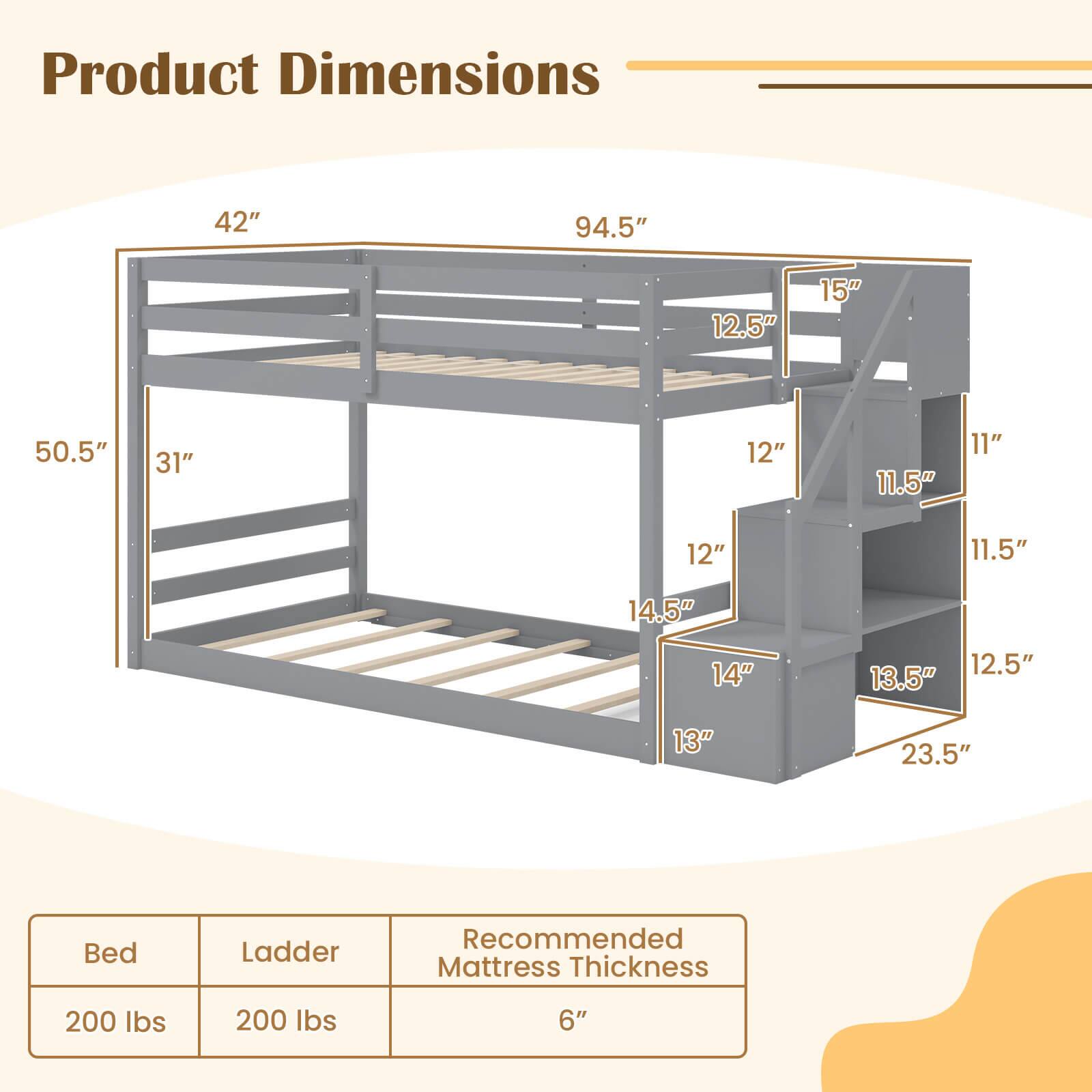 Product Dimensions

- 42"
- 94.5"
- 50.5"
- 31"
- 12.5"
- 15"
- 12"
- 11.5"
- 11"
- 12"
- 11.5"
- 14.5"
- 14"
- 12.5"
- 13.5"
- 13"
- 23.5"

Recommended Mattress Thickness: 6"

Bed: 200 lbs

Ladder: 200 lbs