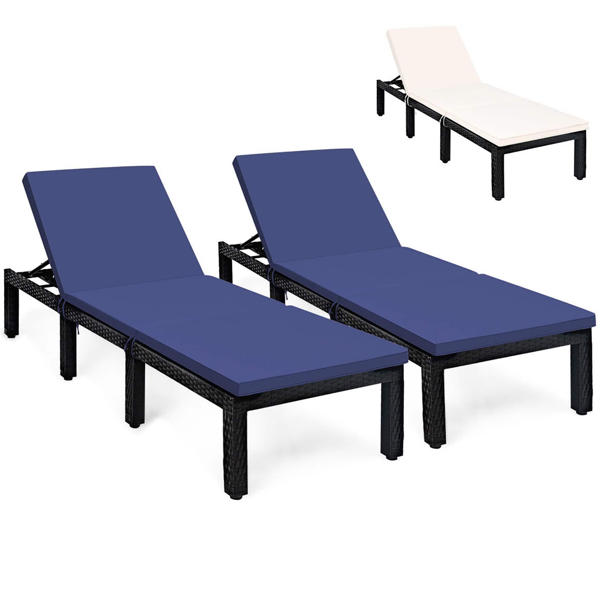 Gymax - 2PCS Patio Lounge Chair Rattan Chaise w/ Adjustable Navy & Off White Cushioned - Navy/Off white price history on PriceWatchPro