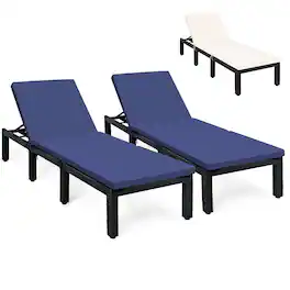 Gymax - 2PCS Patio Lounge Chair Rattan Chaise w/ Adjustable Navy & Off White Cushioned - Navy/Off white