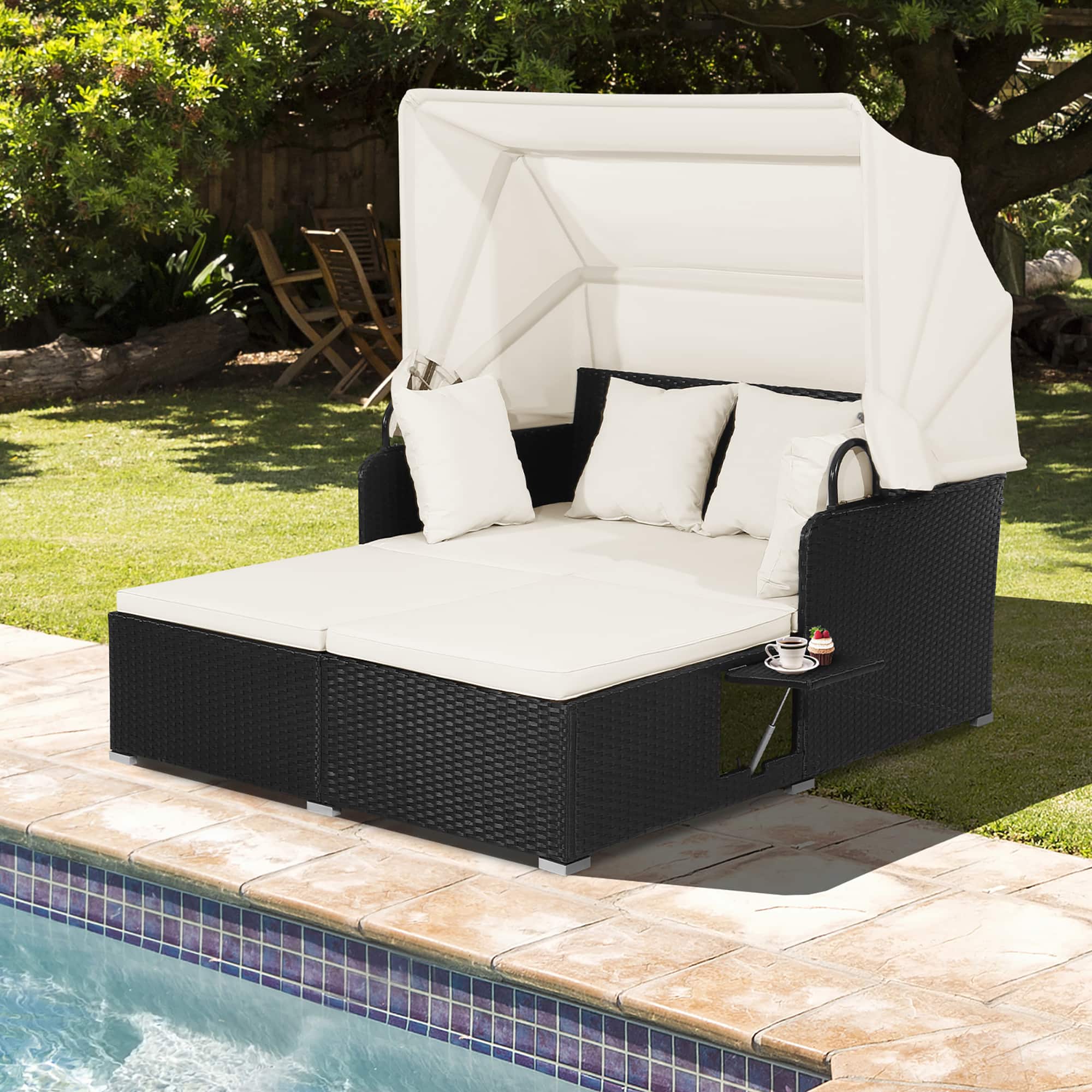 Gymax - Patio Hand-Woven PE Wicker Daybed Outdoor Loveseat Sofa Set w/ Cushions - Off White