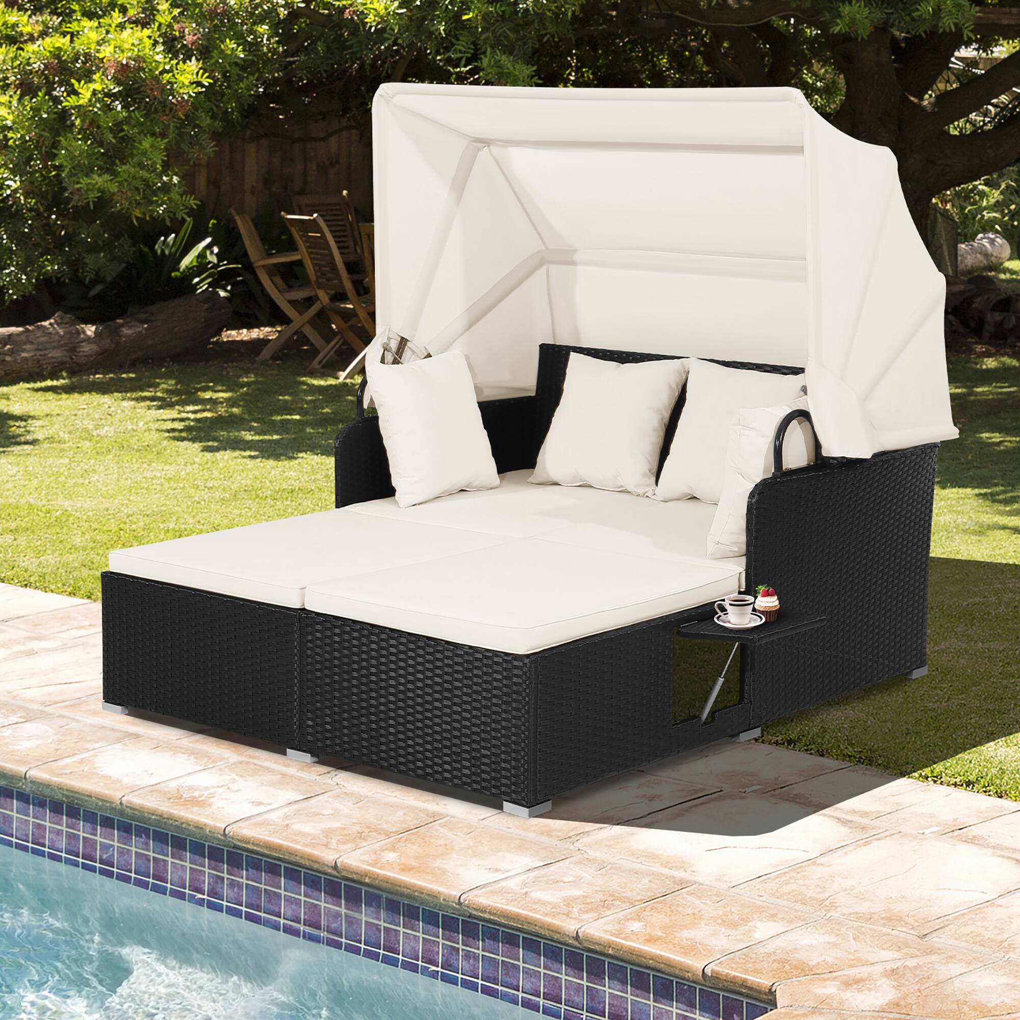 Front. Gymax - Gymax Patio Hand-Woven PE Wicker Daybed Outdoor Loveseat Sofa Set w/ Off White Cushions - Off White.