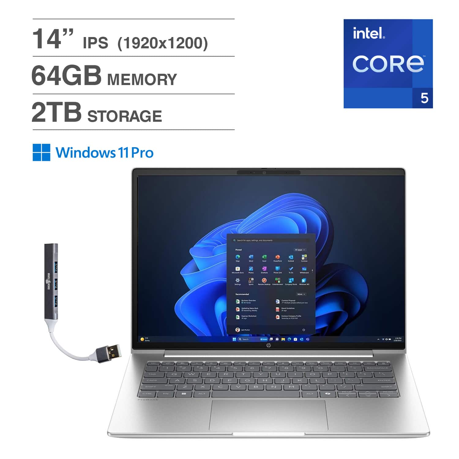 HP- Upgraded- ProBook 4 G1iR 14 Laptop 14.0 WUXGA (Intel Core 5 120U, 64GB DDR5, 2TB PCIe SSD, Win 11 Pro) w/USB Hub- Pike Silver