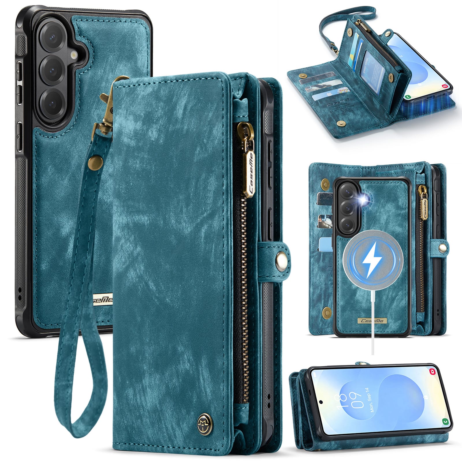 Dteck - Multi-Functional Wallet Case for Samsung Galaxy A36 5G,Large Card Slots Zipper Magnetic Detachable Cover With Strap - Green