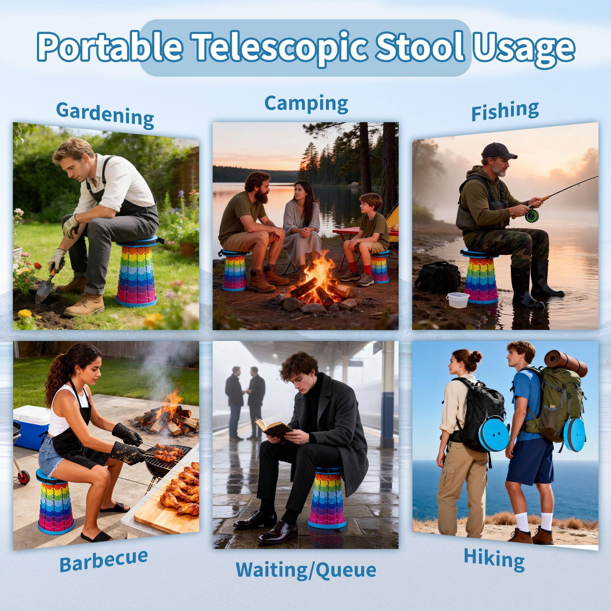 Portable Telescopic Stool Usage

- Gardening
- Camping
- Fishing
- Barbecue
- Waiting/Queue
- Hiking