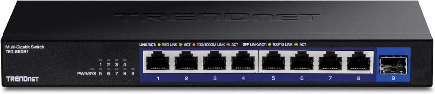 TRENDNET Multi-Gigabit Switch TEG-S5091

LINK/ACT: 25G LINK ACT
100/1000M LINK ACT
SFP LINK/ACT: 10G/1G LINK ACT

PWR/SYS 1 2 3 4 5 6 7 8 9