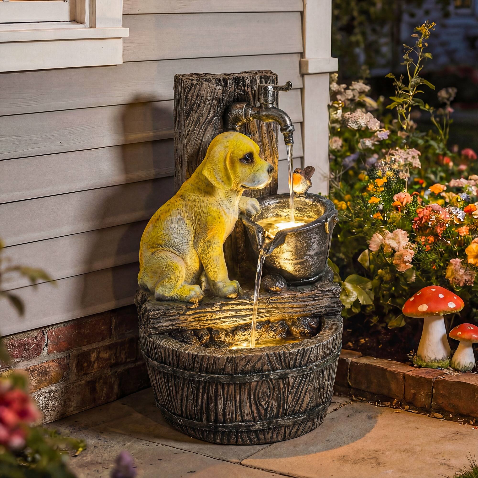 Alt View 1. Outsunny - Outdoor Fountain with 3-Tier Puppy Theme, Resin Garden Fountain with LED Lights, Adjustable Flow - Rustic Brown, Yellow.