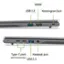 The image shows a laptop with its back cover removed, revealing the internal components. The laptop features a USB 3.2 port, a headset jack with full functionality, and a Kensington lock. The laptop also has an HDMI port, and it is powered by a Type-C port.