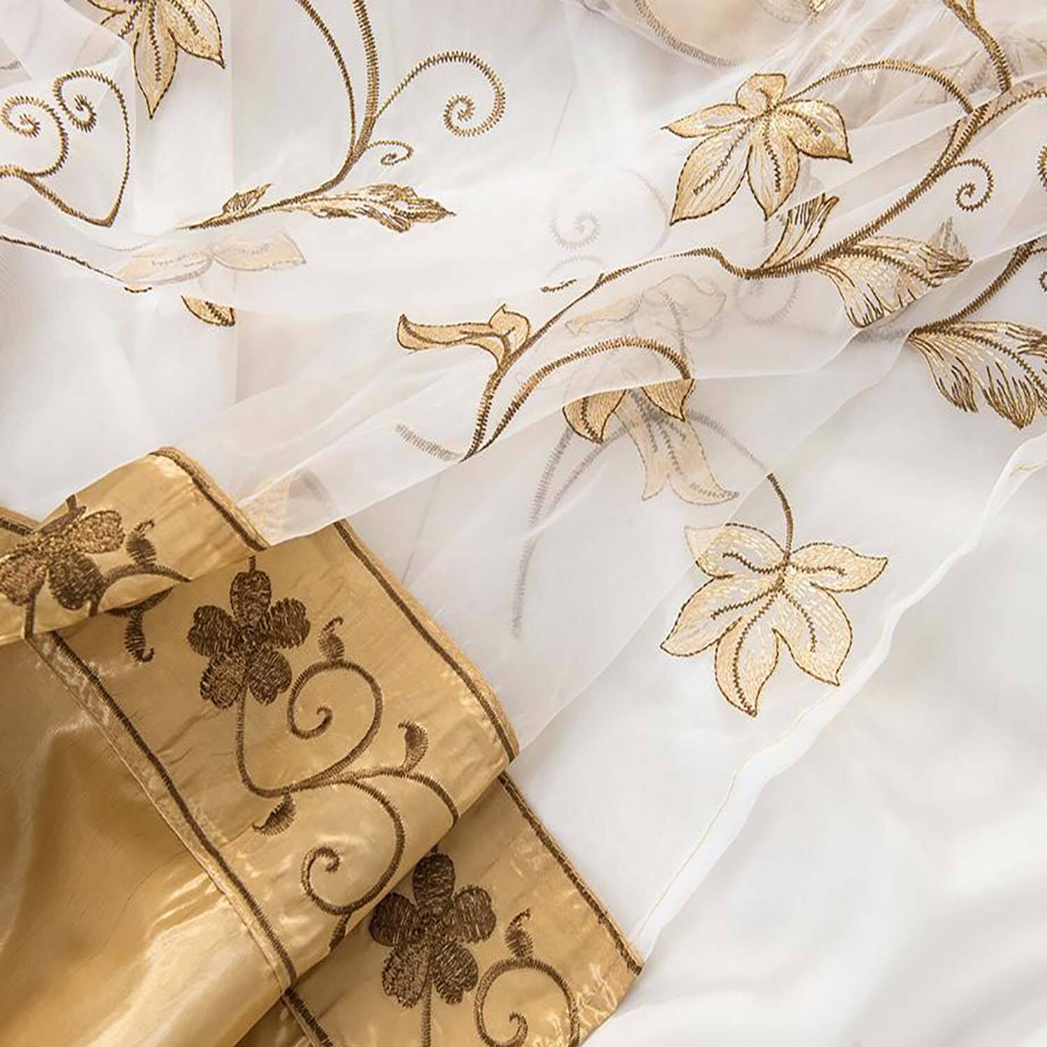 Front. RT Designers Collection - Elegant Gold Embroidered Curtain Panel with Double Valance by RT Designers Collection - Gold.