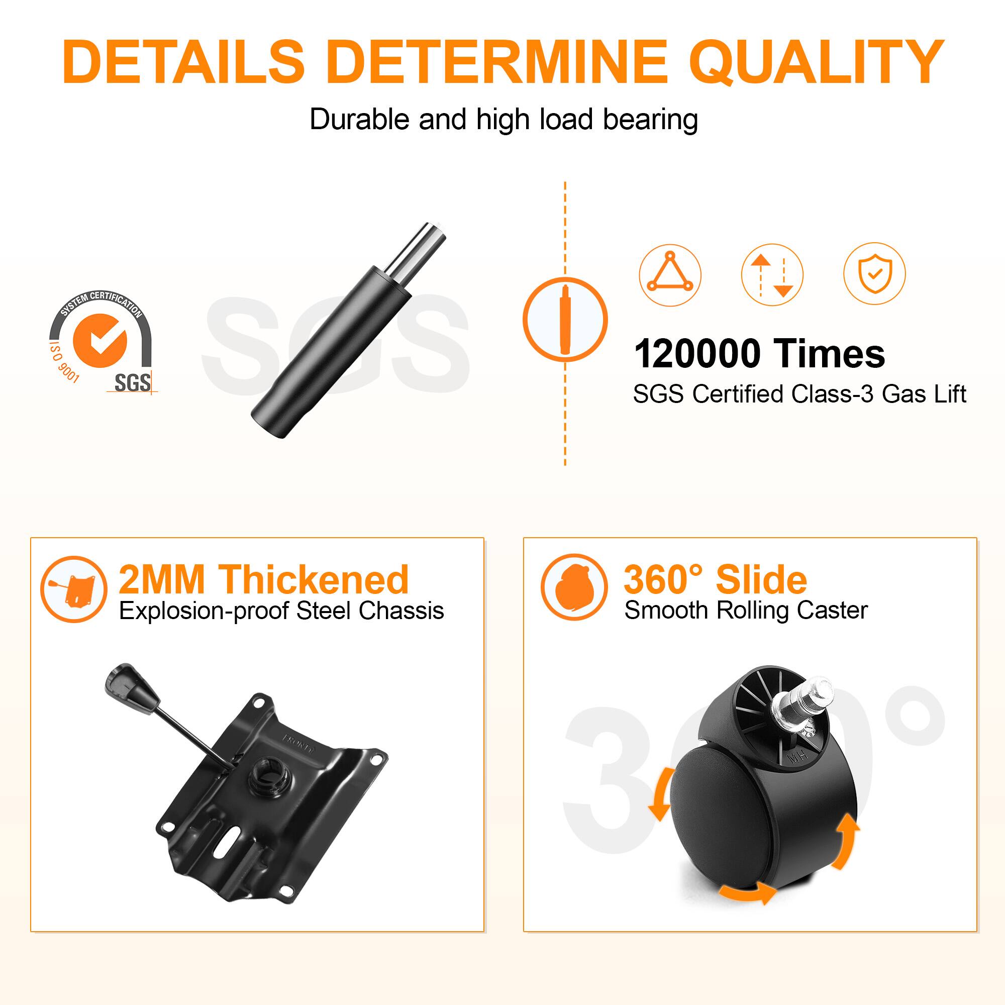 Durable and high load bearing systems are essential for quality products. The image showcases a product that has been tested for 120,000 times, ensuring its durability and reliability. The product is also SGS certified, which indicates that it meets high standards for safety and quality. The product features a 2MM thickened explosion-proof steel chassis, providing additional protection and stability. Additionally, the product has a 360 slide smooth rolling caster, which enhances its functionality and ease of use. Overall, the image highlights the importance of details in determining the quality of a product.
