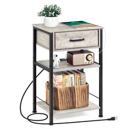 Oumilen - Light Oak 3-Tier Nightstand with Drawer & Built-in Charging Station - Gray