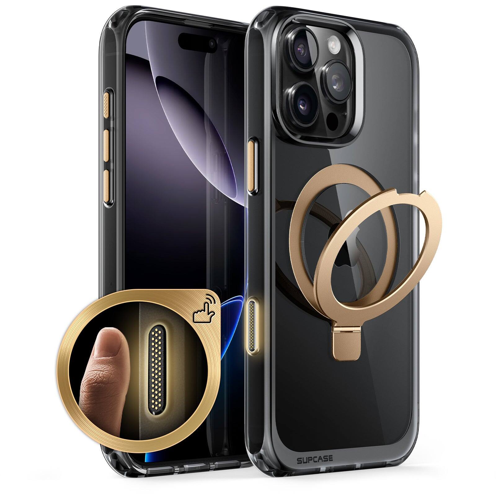 Angle. SUPCASE - iPhone 16 Pro 6.3 inch Unicorn Beetle MAG Stand Slim Clear MagSafe Camera Control Button Case - Gold.