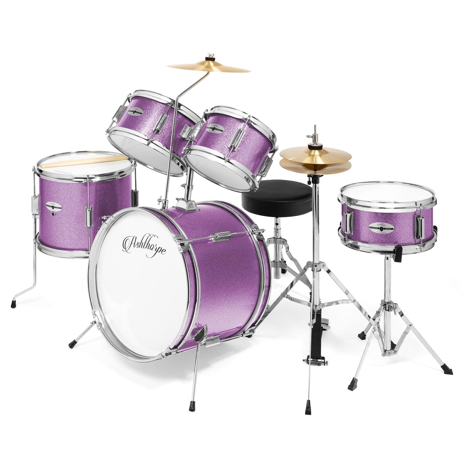 Front. Ashthorpe - Beginner Drum Kit with Brass Cymbals (Set of 5) - Purple.