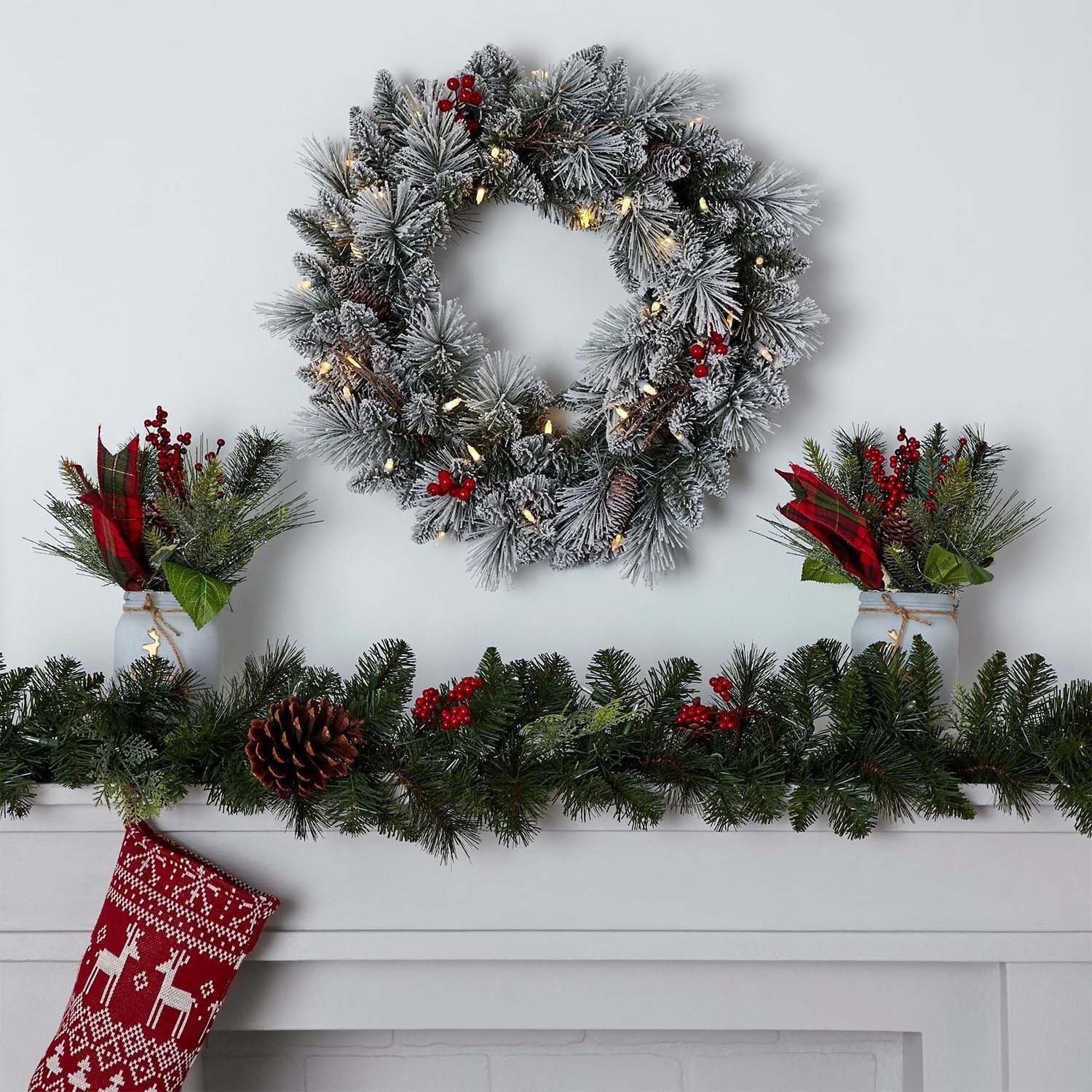 Alt View 4. NOMA - NOMA 24" Pre-Lit LED Flocked Berry Christmas Wreath with 35 Warm White Lights - Berry Flocked.