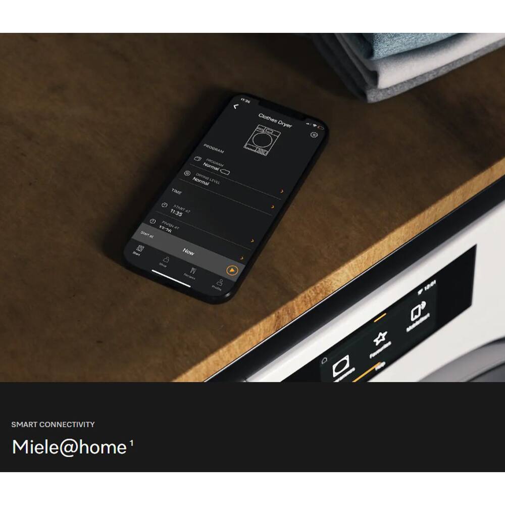 H.3 Clothes Dryer PROGRAM Normal TIME 11:35 START AT 11:36 NOW - 1 4 - & Po * 10 SMART CONNECTIVITY Miele@home1