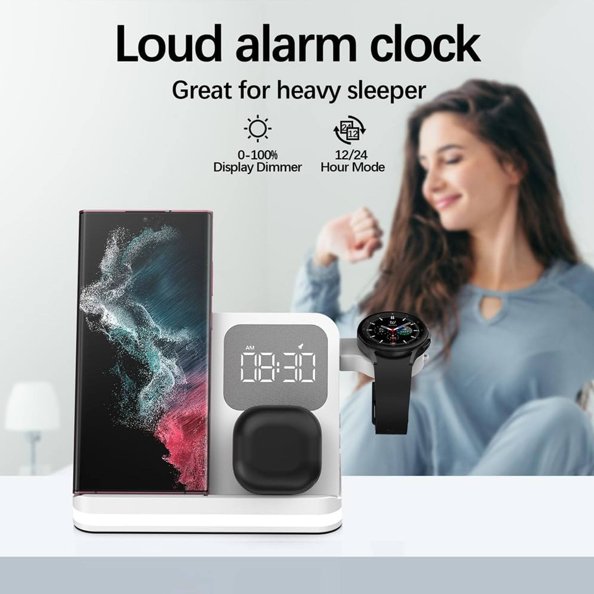 Loud alarm clock  
Great for heavy sleeper  

0-100% Display Dimmer  
12/24 Hour Mode  

AM 08:30