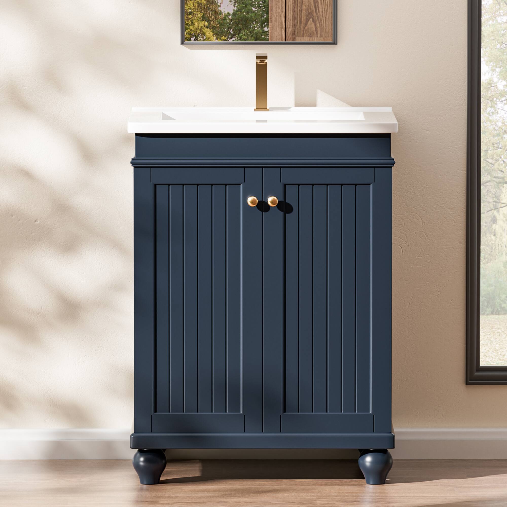Alt View 6. KERDOM - 24 inch Wide Bathroom Vanity with Ceramic Top Sink Bathroom Organizer Floor Wash Cabinet Roomy Washstand Soft Close Door - Blue.