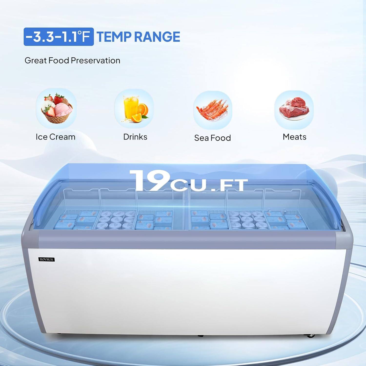 -3.3-1.1°F TEMP RANGE  
Great Food Preservation  
Ice Cream Drinks Sea Food Meats  
19CU.FT  
RANNUN