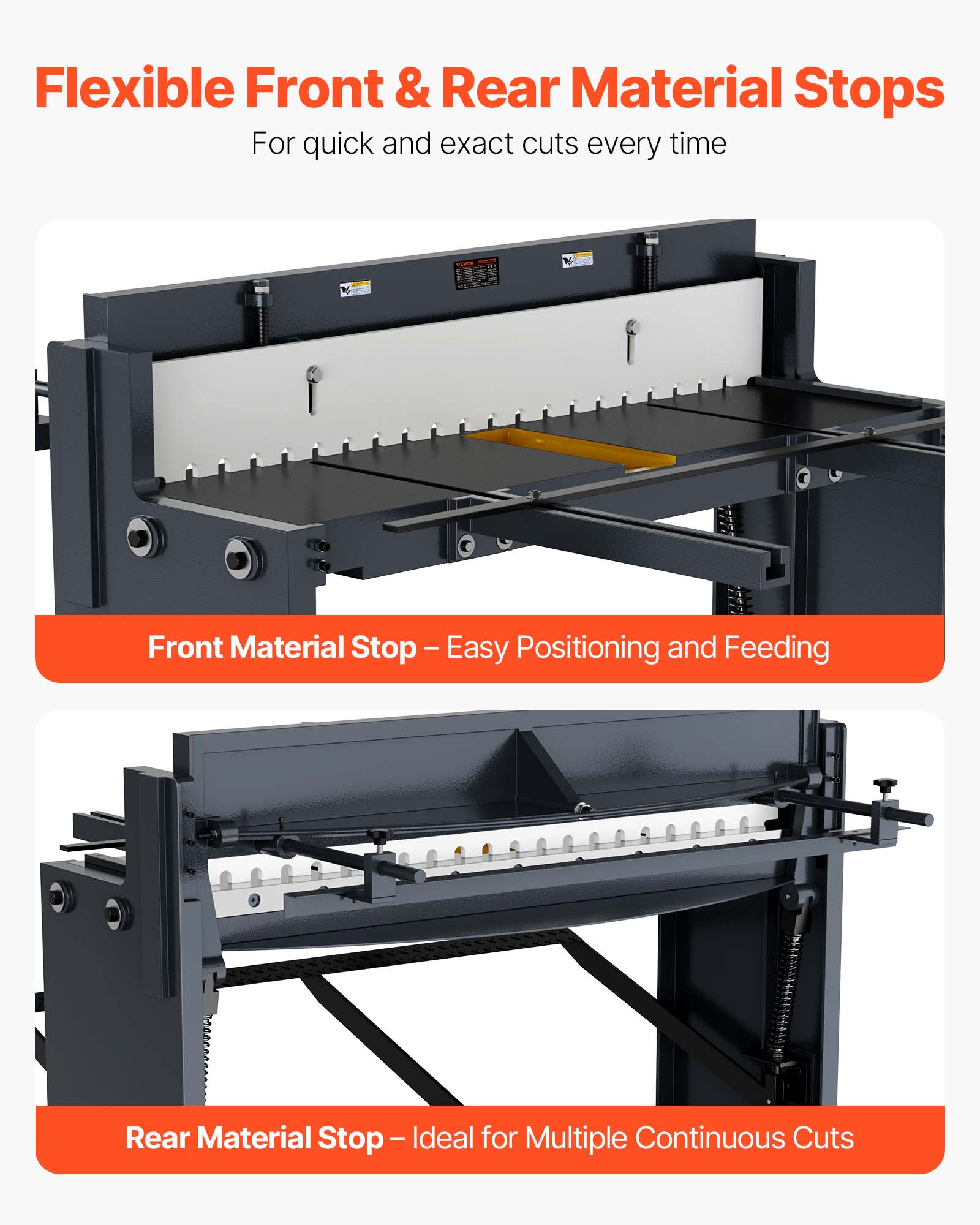Flexible Front & Rear Material Stops  
For quick and exact cuts every time

Front Material Stop – Easy Positioning and Feeding

Rear Material Stop – Ideal for Multiple Continuous Cuts