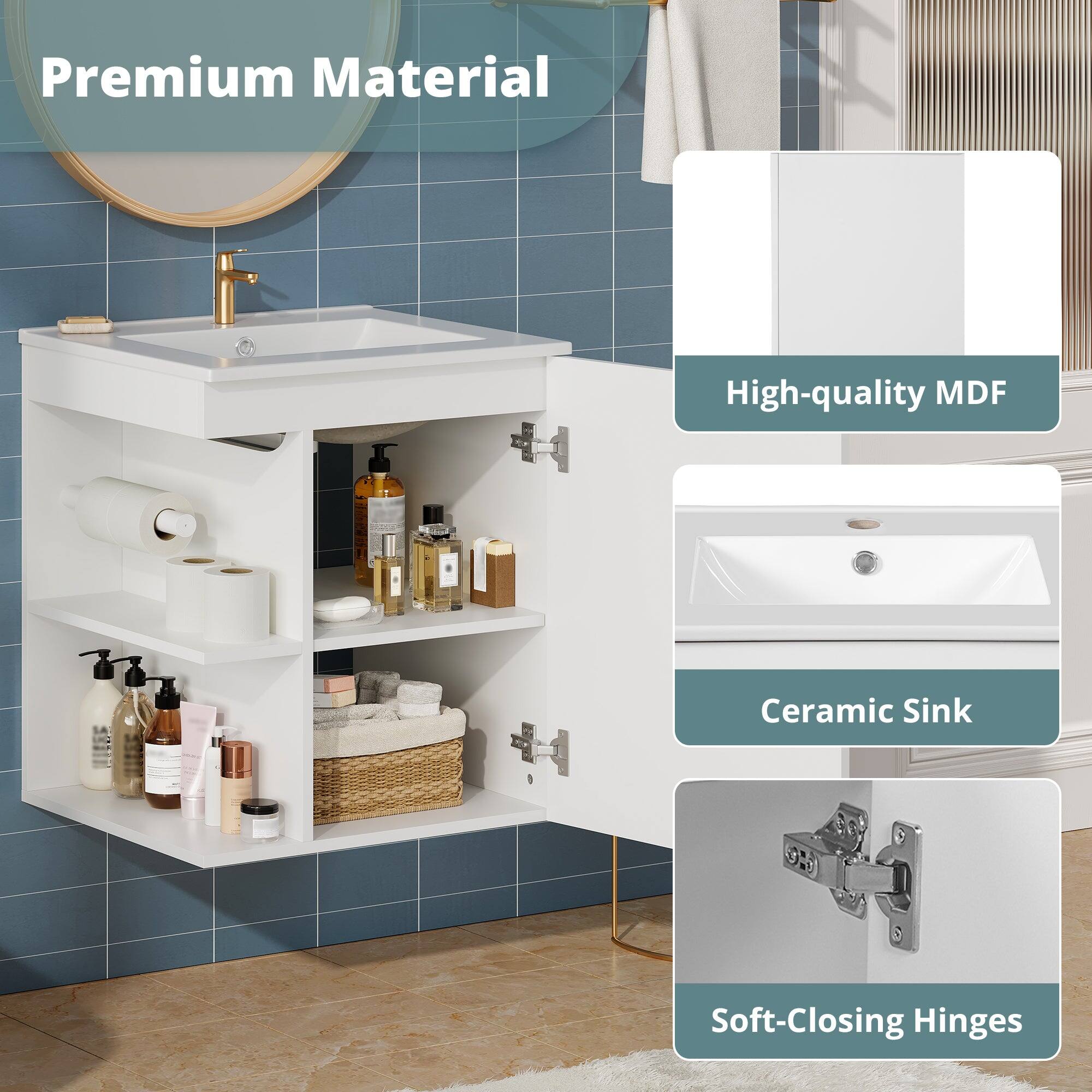 Premium Material  
High-quality MDF  
Ceramic Sink  
Soft-Closing Hinges