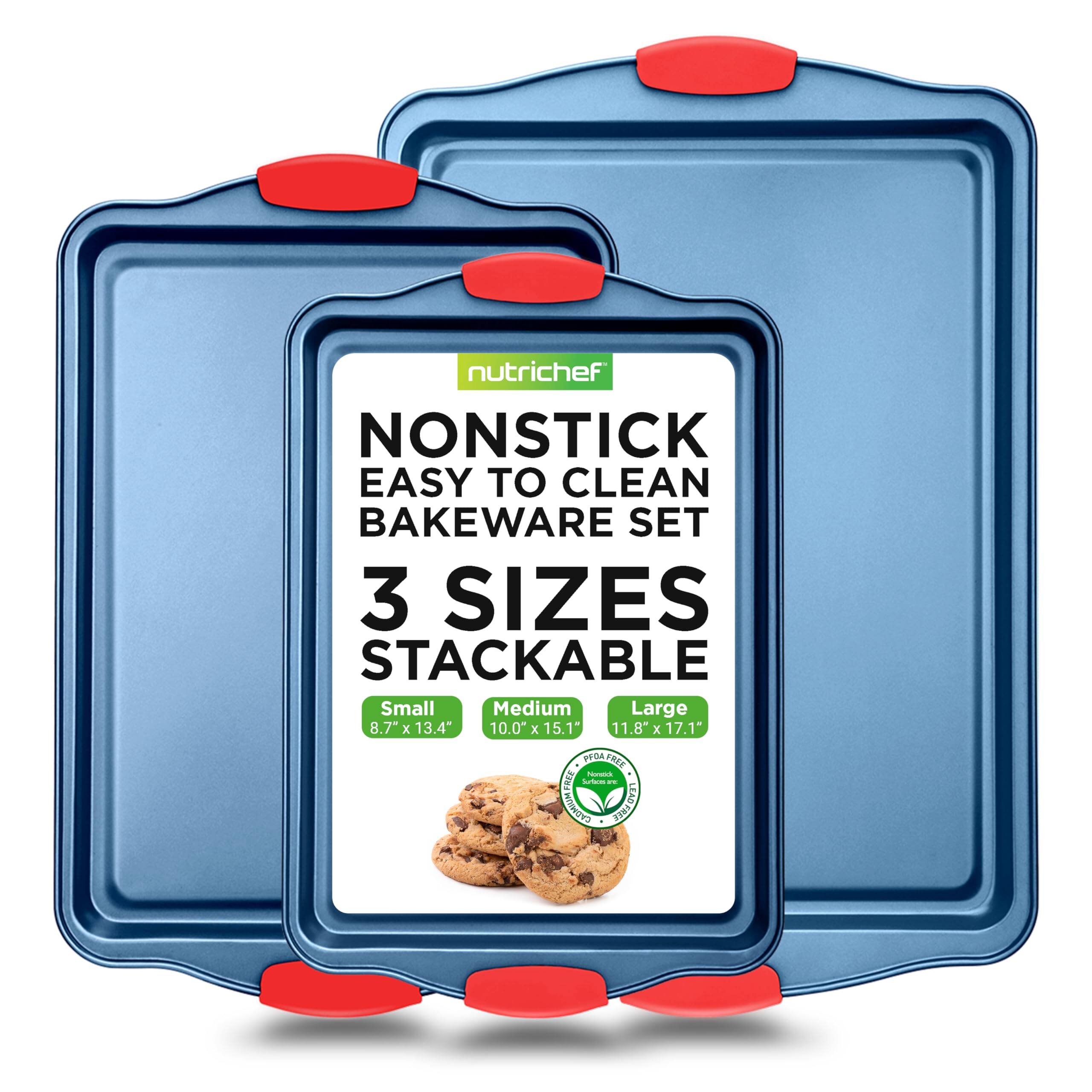 nutrichef NONSTICK EASY TO CLEAN BAKEWARE SET 3 SIZES STACKABLE Small Medium Large 8.7" x 13.4" 10.0" x 15.1" 11.8" x 17.1" PFOA FREE NON-TOXIC LEAD FREE