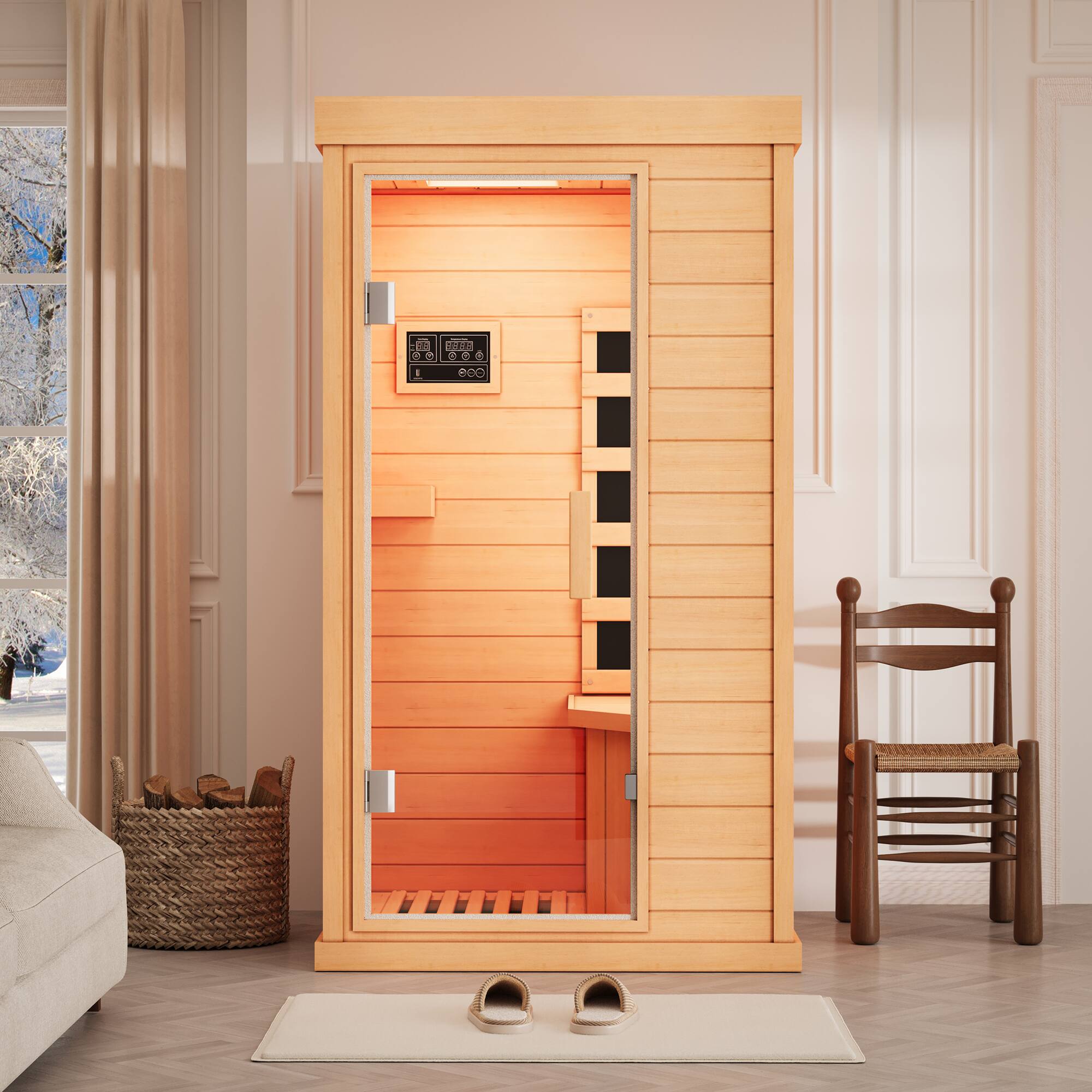 Left. U-HOMY - U-HOMY Infrared Sauna - Space-Saving 360° Heat with Chromotherapy for Home/Gym - Wood color.