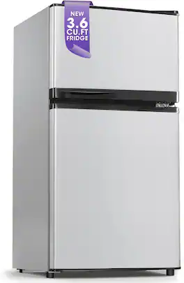 Manastin - 3.6 Cu. Ft. 2-Door Compact Mini Fridge, Compressor Direct Cool, Adjustable Thermostat, Glass Shelves, Ultra Quiet - Silver
