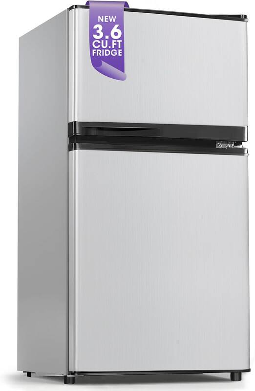 Manastin - 3.6 Cu. Ft. 2-Door Compact Mini Fridge, Compressor Direct Cool, Adjustable Thermostat, Glass Shelves, Ultra Quiet - Silver