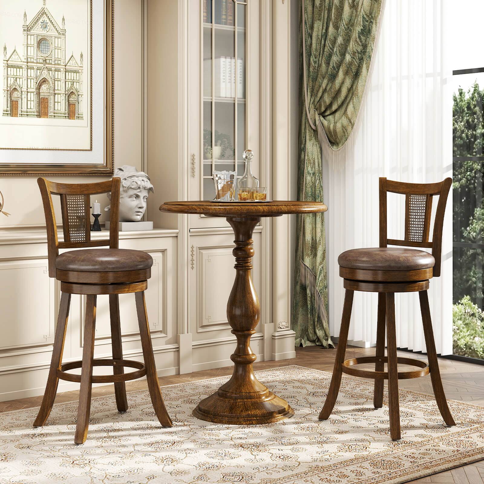 Alt View 3. Costway - Costway Set of 2 Bar Stools 30" Swivel Bar Chairs with PE Rattan Backrest & Footrest - Brown.