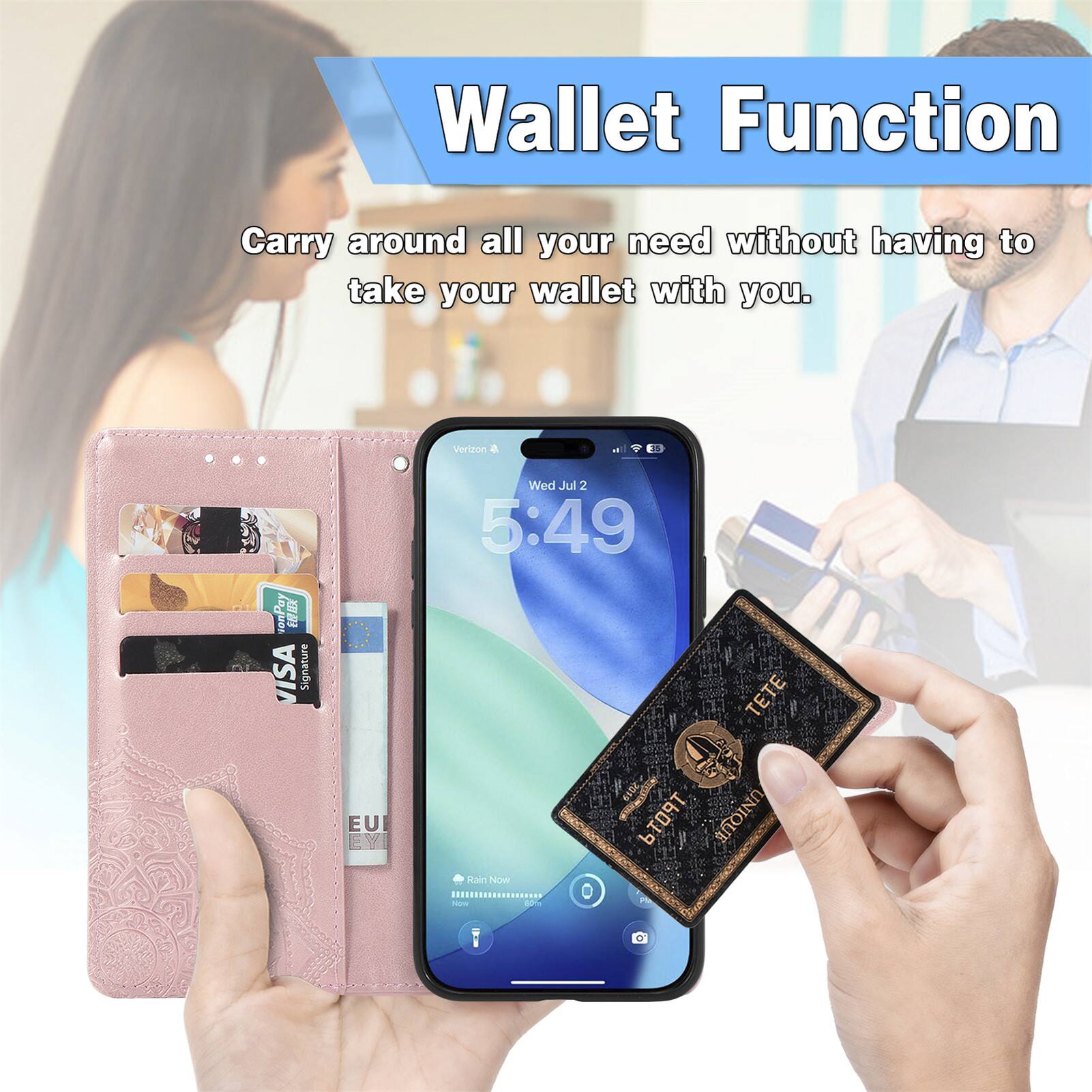 Wallet Function  
Carry around all your need without having to take your wallet with you.  
Verizon  
Wed Jul 2 5:49  
TETE EU  
Rain Now  
SIDC-19  
UNIQUE  
How O . 1 2