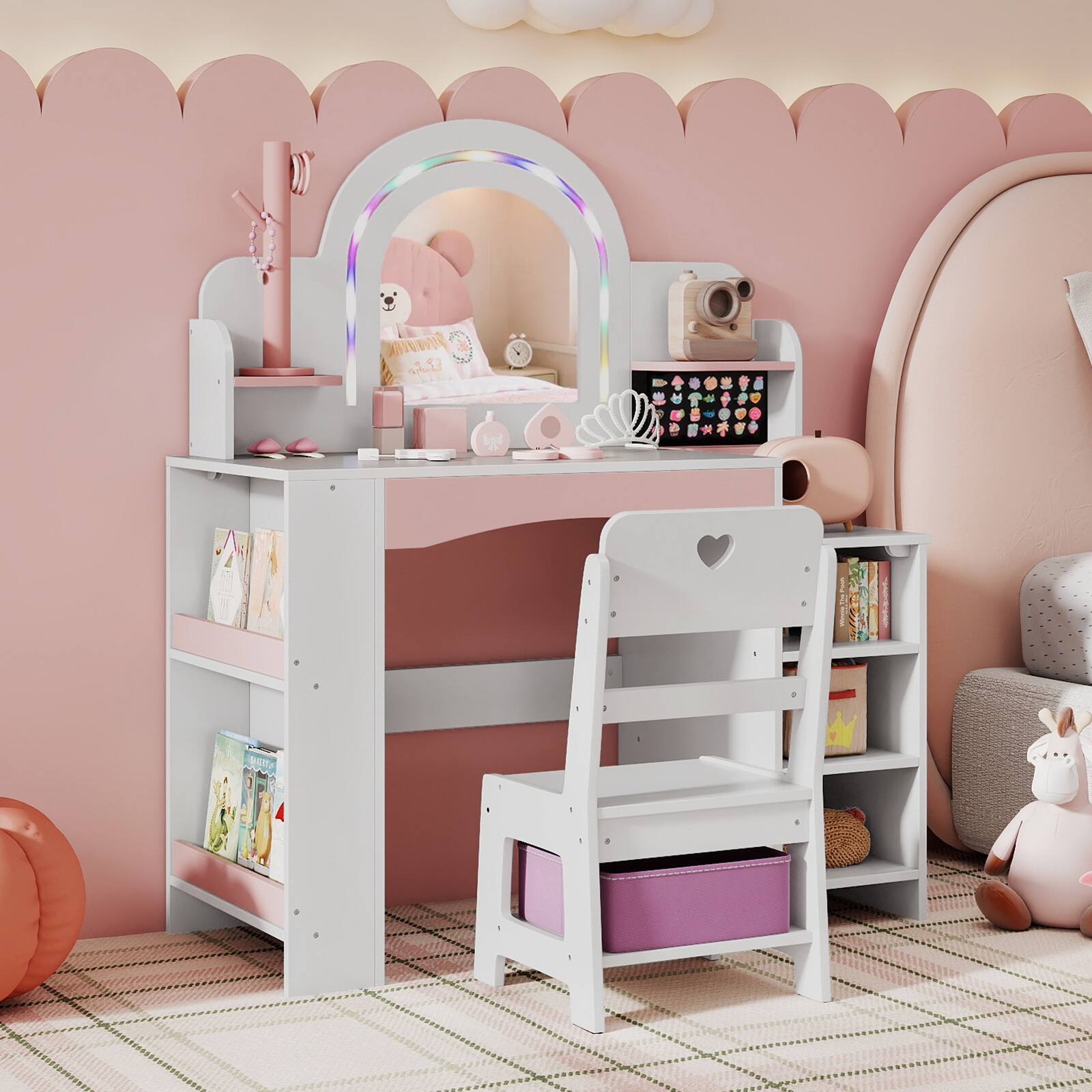 Alt View 1. Gymax - Gymax Kids Vanity Desk w/Mirror & Lights Princess Pretend Play Makeup Table White - White.
