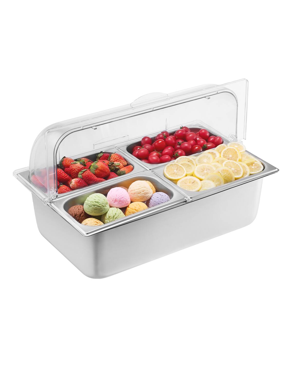 Front. VEVOR - Countertop Food Serving Display Container, 4 Pan Stainless Steel Food Serving Tray - Stainless Steel Silver.