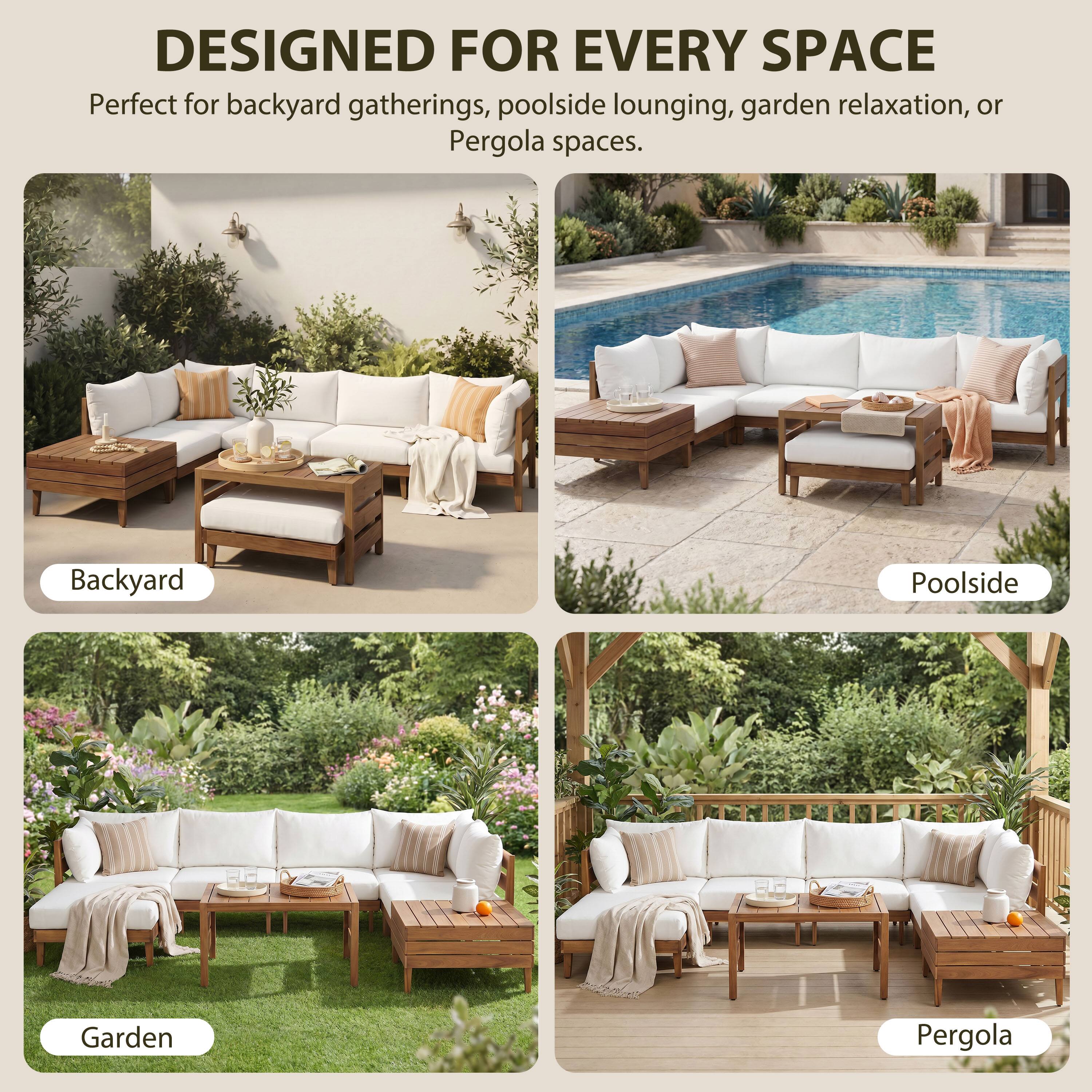 DESIGNED FOR EVERY SPACE  
Perfect for backyard gatherings, poolside lounging, garden relaxation, or Pergola spaces.  
Backyard  
Poolside  
Garden  
Pergola