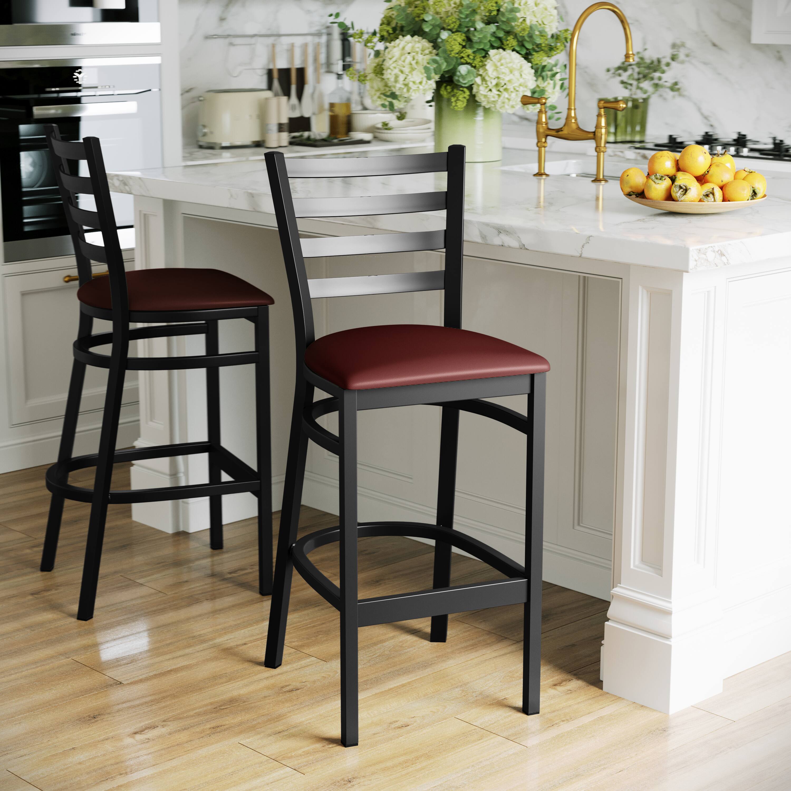 Alt View 3. Emma + Oliver - Ladder Back Metal Restaurant Dining Barstool - Burgundy Vinyl Seat/Black Metal Frame.