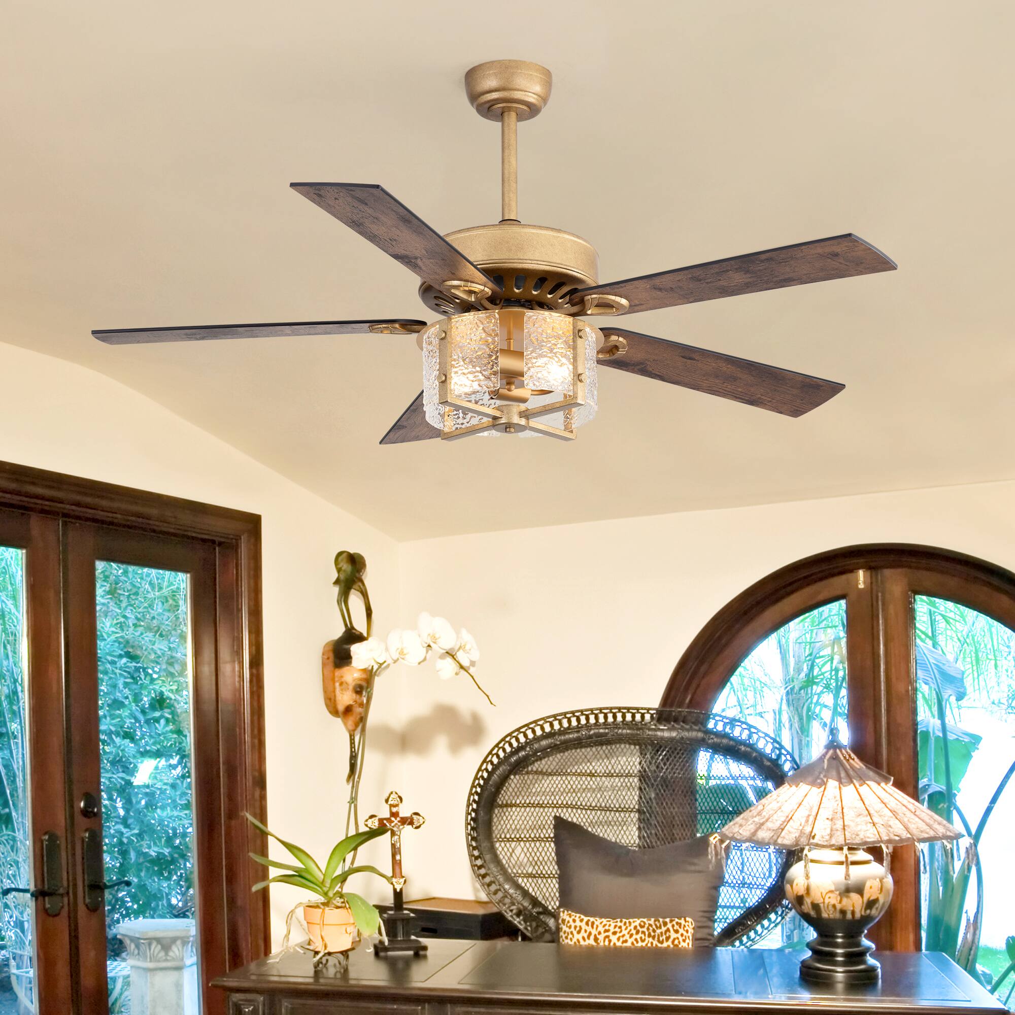 Alt View 1. Breezary - 52-Inch Large Ceiling Fan with Light Fixture, 5 Dual-Finish Plywood Blades, DC Motor, Remote Control, 5/10-Inch Downrods - Brushed Gold with Black and Rich Walnut.