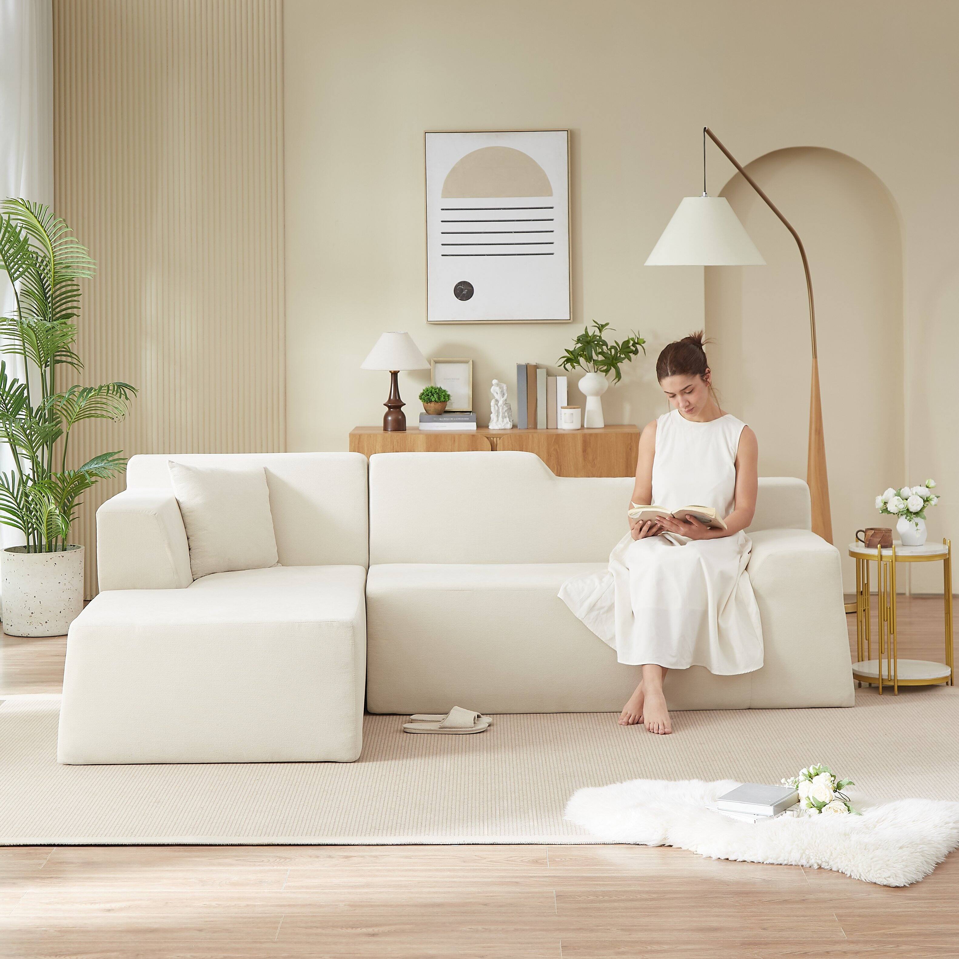 Angle. Anysun - Anysun L-Shaped Design Left-Facing Modern Minimalist Corduroy High Raised Thickened Back Sofa - Beige.