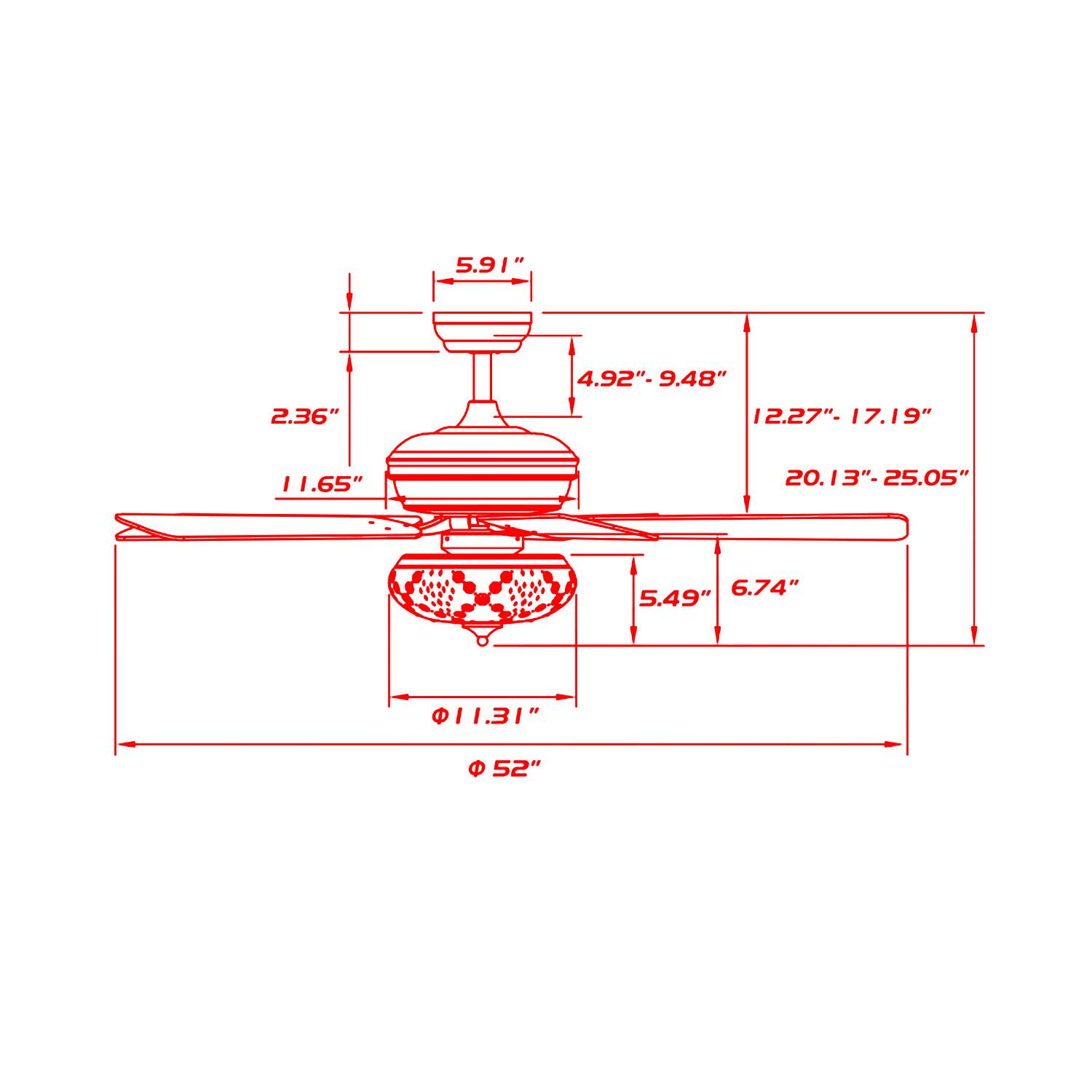 5.91"  
4.92" - 9.48"  
2.36"  
12.27" - 17.19"  
11.65"  
20.13" - 25.05"  
6.74"  
5.49"  
11.31"  
52"