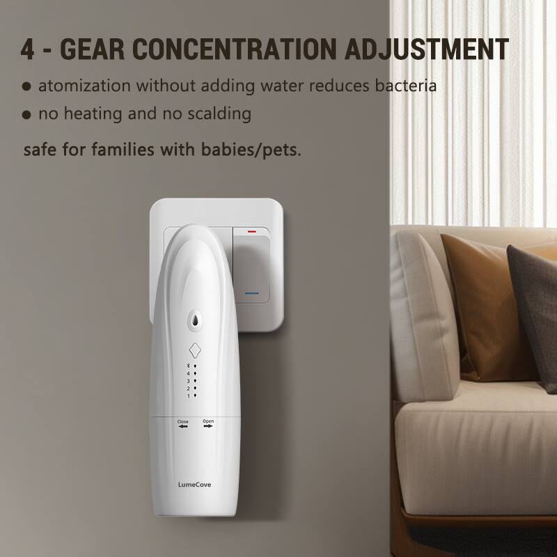 4 - GEAR CONCENTRATION ADJUSTMENT  
- atomization without adding water reduces bacteria  
- no heating and no scalding  
safe for families with babies/pets.  

A 2 14321 3 1 . 1 Close Open LumeCove