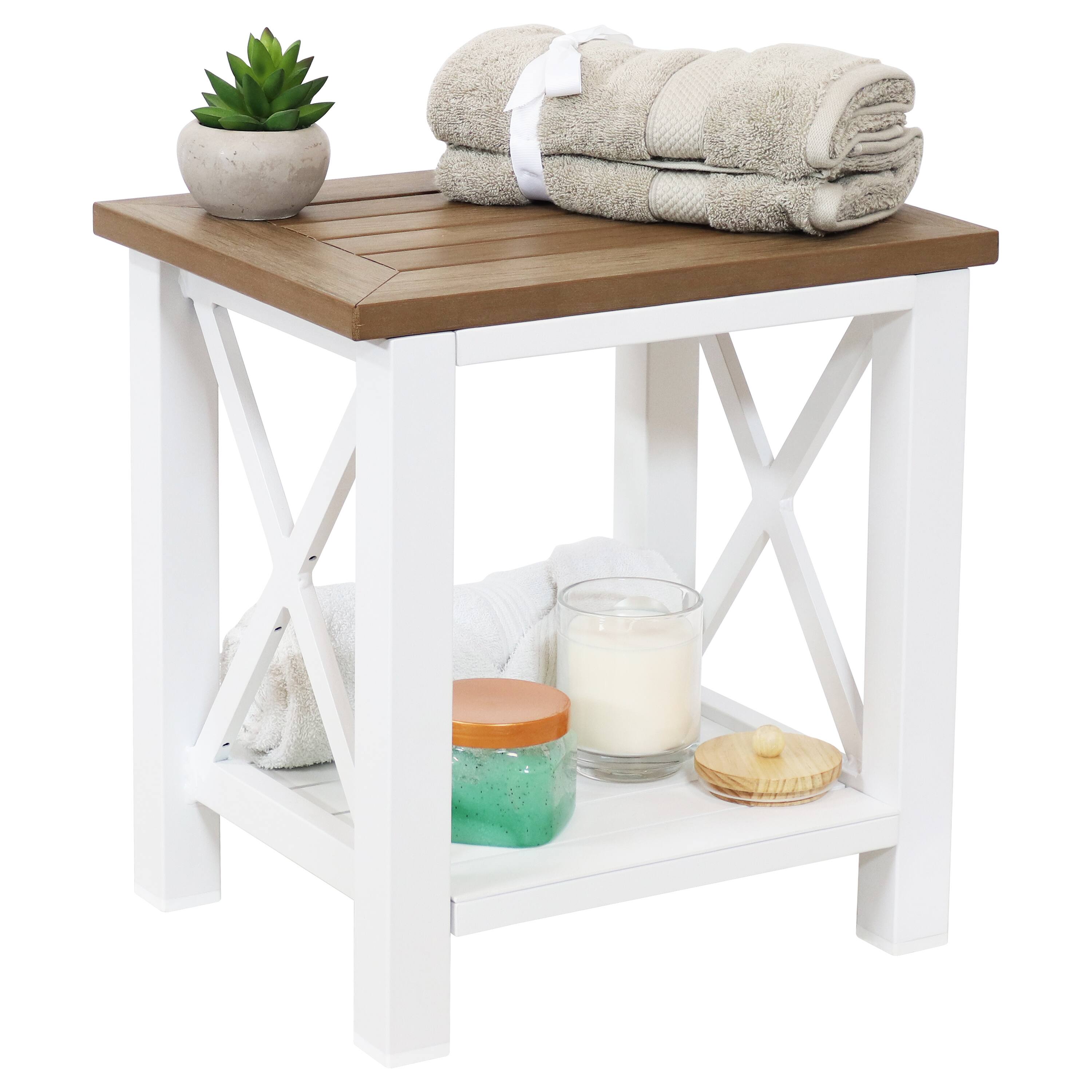 Alt View 3. Sunnydaze - 17.25 in Polystyrene Corner Stool with Storage Shelf - Farmhouse - White.