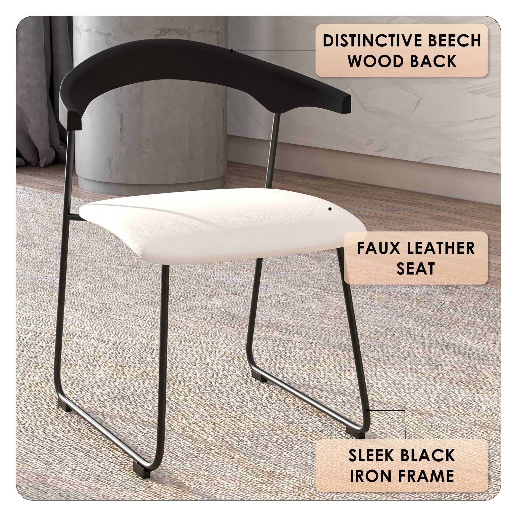 DISTINCTIVE BEECH WOOD BACK  
FAUX LEATHER SEAT  
SLEEK BLACK IRON FRAME