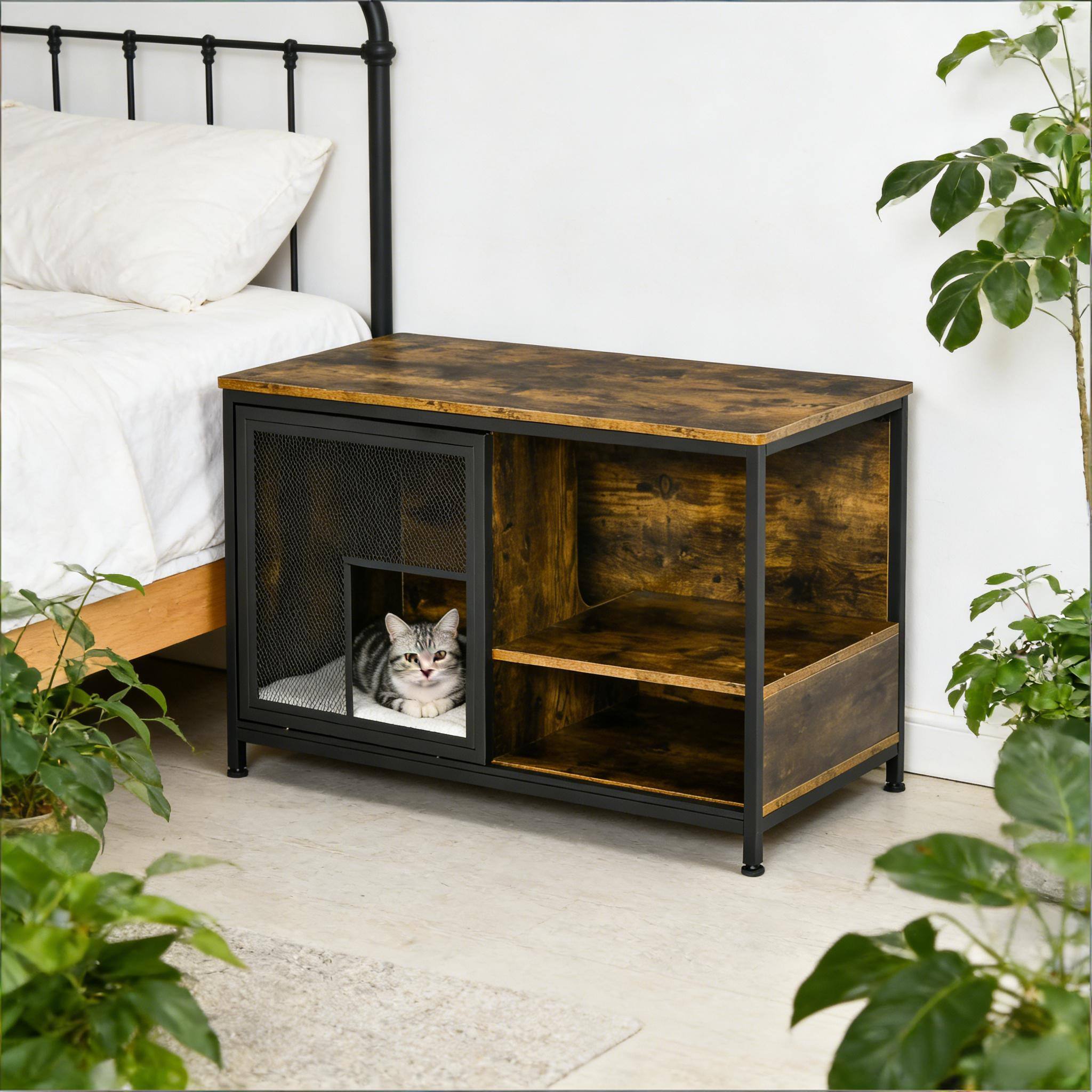 Angle. Siljoy - End Table Cat House, 2‑Tier Storage with Removable Cushion, Paw‑Pattern Steel, Adjustable Feet.