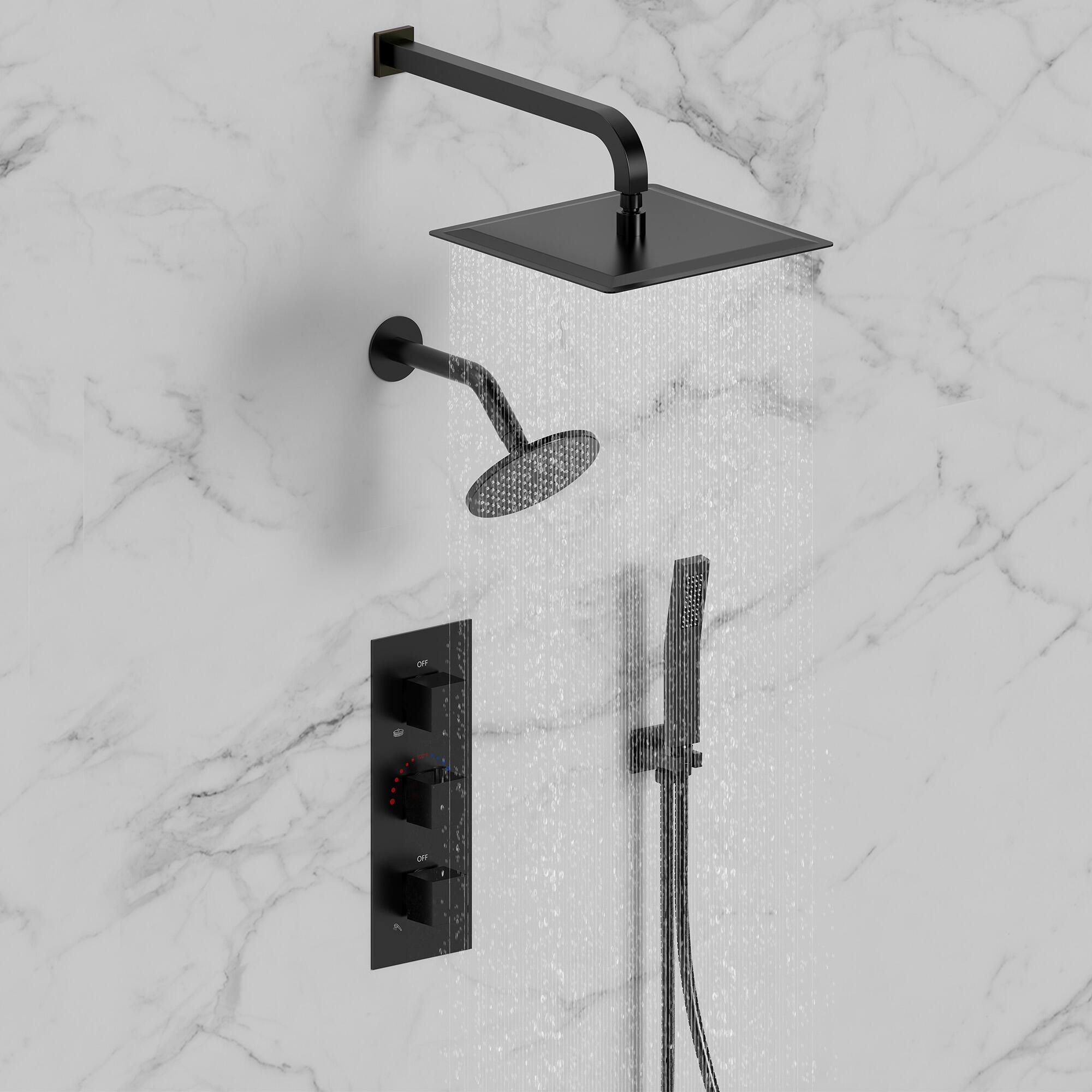 Alt View 8. GRANDJOY - Thermostatic Dual Shower Faucet Kit with 10" Overhead Rain Shower and 59" Stainless Hose Handheld Shower Head - Matte Black.